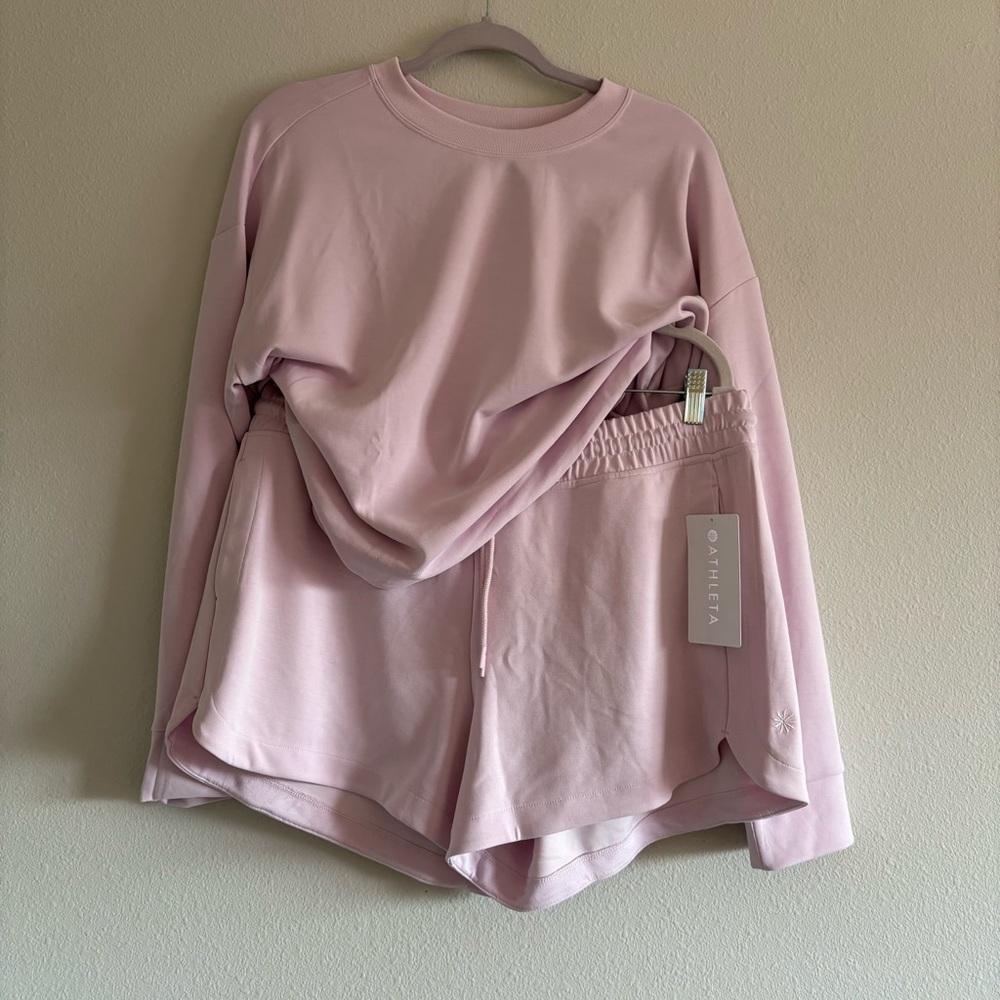 NWT Athleta SET Seasoft Crewneck Sweatshirt + Shorts XL Primrose Pink Loungewear